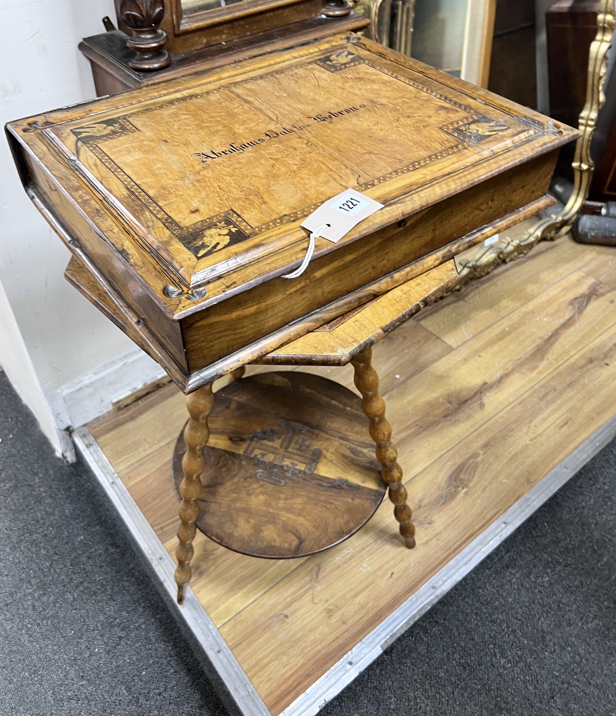 Judaica - a Jerusalem olive wood table, width 38cm and a similar bible box, inscribed 'Abrahams oak from Lebron', 45cm